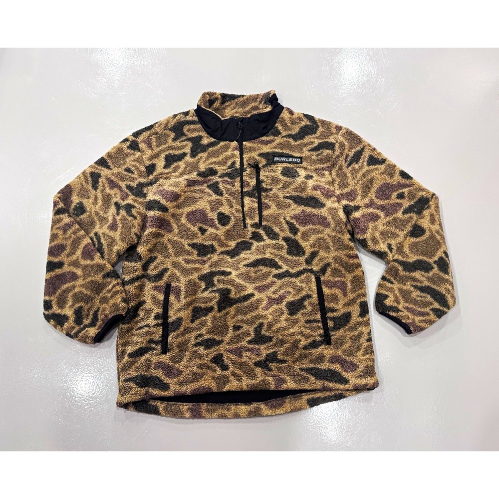 BURLEBO Men's Brown Black Camo 1/4 Zip Sherpa Lined Mock Neck Logo L
